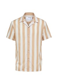 Camicia a maniche corte con strisce verticali beige e bianche. Presenta un colletto classico e chiusura frontale con bottoni. Realizzata in tessuto leggero.