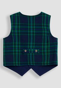 Gilet senza maniche a quadri verdi e blu navy con scollo tondo, caratterizzato da due bottoni decorativi e un orlo a punta sul retro.