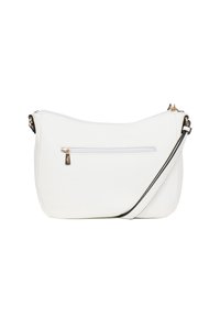 Borsa a tracolla bianca in pelle con texture liscia, chiusura superiore con zip e tasca frontale. Dotata di una tracolla regolabile e rimovibile.