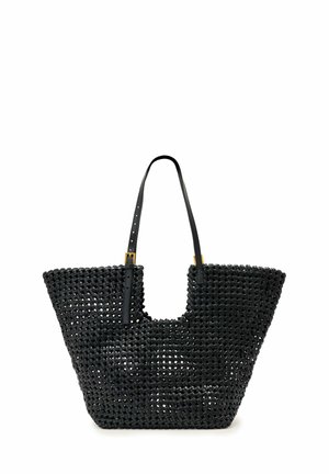 Sac fourre-tout noir tissé avec un tissage large et ouvert, fond structuré, et deux bretelles d'épaule noires réglables avec boucles dorées.