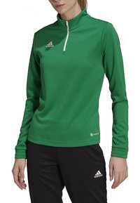 Žalias sportinis puloveris su ketvirčio užtrauktuku, ilgomis rankovėmis ir lygiu paviršiumi. Ant krūtinės ir apatiniame krašte yra Adidas logotipas.