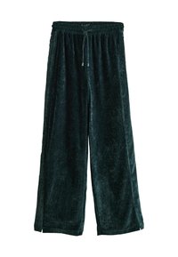 Dunkelgrüne Samt-Hosen mit weitem Bein, elastischem Bund und Kordelzug. Sie zeichnen sich durch eine glatte Textur und seitliche Schlitze an den Säumen aus.
