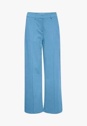 Light blue wide-leg pants made of stretchy fabric, featuring a flat front with two side pockets and neat seams. Smooth texture.