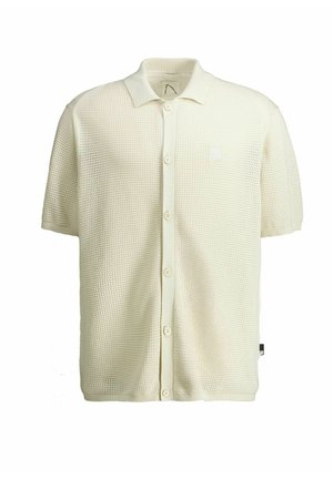 Short-sleeve cream knit shirt with button-down front, textured pattern, collar, and small square logo on the left chest.