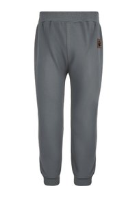 Szare spodnie dresowe z prążkowanym pasem i mankietami, z małą brązową naszywką z logo z tyłu, wykonane z gładkiej tkaniny.