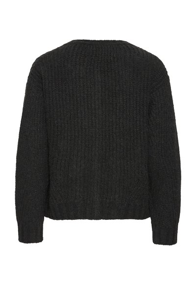 Pulover tricotat de culoare gri închis, cu un model texturat, guler bărcuță și manșete ribbate. Prezintă o croială ușor relaxată, cu un spate uniform.