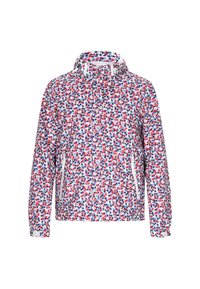 Jachetă ușoară cu model floral în roșu, alb și albastru, cu glugă, fermoar frontal și două buzunare laterale. Manșete și tiv elastic.