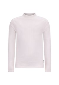 Weißes, geripptes Langarm-Turtleneck-Shirt aus weichem Material, mit einer figurnahen Silhouette und subtiler Textur.