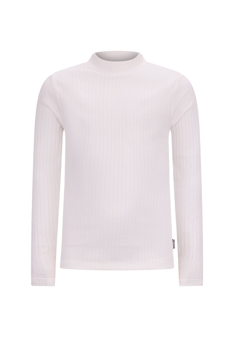 Weißes, geripptes Langarm-Turtleneck-Shirt aus weichem Material, mit einer figurnahen Silhouette und subtiler Textur.