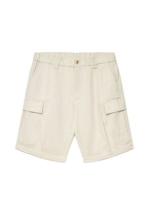 Beige Cargo-Shorts mit elastischem Bund, Knopfverschluss, Gürtelschlaufen, seitlichen Taschen und Klappentaschen an jedem Bein.