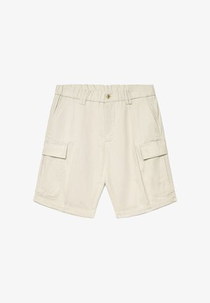 Beige Cargo-Shorts mit elastischem Bund, Knopfverschluss, Gürtelschlaufen, seitlichen Taschen und Klappentaschen an jedem Bein.