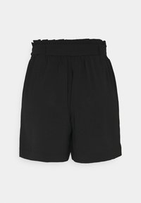 Shorts noirs taille haute avec une ceinture froncée et volantée et des jambes amples sur fond blanc.
