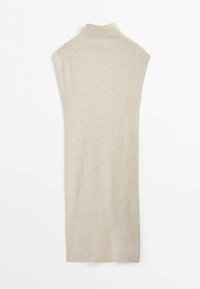 Robe beige sans manches à col roulé, confectionnée en tissu tricoté côtelé, avec un col haut et une silhouette droite et allongée.