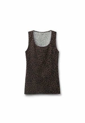 Brown tank top featuring a black leopard print pattern, scoop neck design, and sleeveless cut with a soft texture.