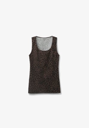 Camiseta sin mangas de color marrón con un estampado de leopardo negro, diseño de escote redondo y corte sin mangas con una textura suave.