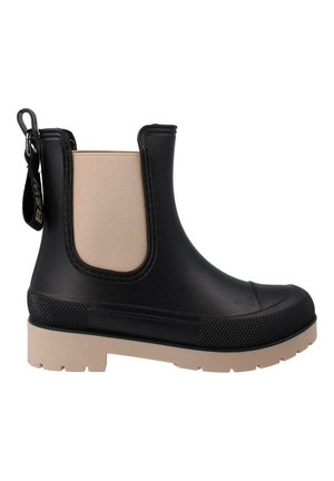 Botín de goma negro con panel elástico beige, puntera texturizada negra y suela gruesa beige. Cuenta con un tirador para facilitar su uso.