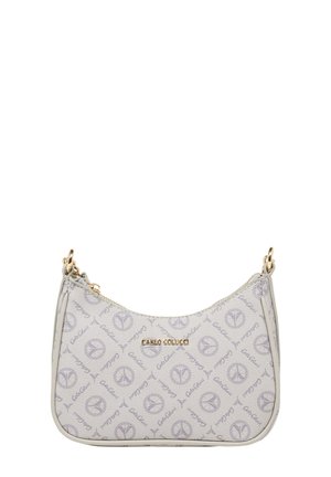 Kleine beige Schultertasche mit wiederholten grauen Friedenszeichen und "Carlo Colucci" Logos, goldfarbenem Reißverschluss und goldenen Kettenriemen-Befestigungen.