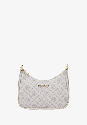 Kleine beige Schultertasche mit wiederholten grauen Friedenszeichen und "Carlo Colucci" Logos, goldfarbenem Reißverschluss und goldenen Kettenriemen-Befestigungen.