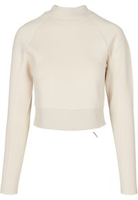 Sudadera corta en beige claro, con cuello alto acanalado, mangas largas raglán y dobladillo texturizado. Tejido suave y liso.