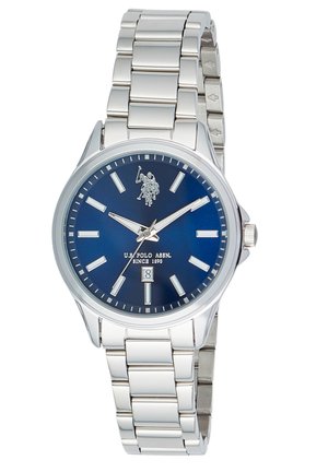 Montre-bracelet en métal argenté avec cadran bleu, index et aiguilles argentés, guichet date à 6 heures, logo et marque U.S. Polo Assn.