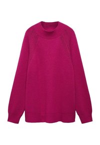 Fuchsia knitted sweater with a crew neck, raglan sleeves, and ribbed cuffs and hem, designed for a loose fit.
