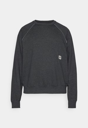 Dunkelgrauer Sweatshirt mit Rundhalsausschnitt, langen Raglanärmeln und einem kleinen Logo-Patch auf der unteren linken Seite. Weiche Textur.
