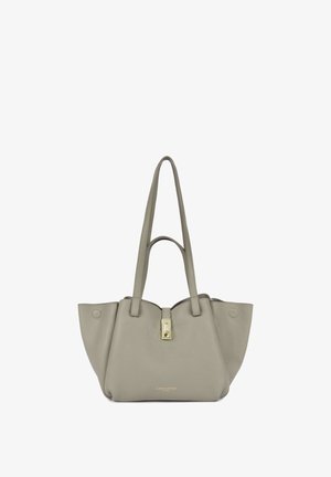 Gray leather tote bag with two shoulder straps, structured shape, gold toggle closure, and subtle branding at the bottom.