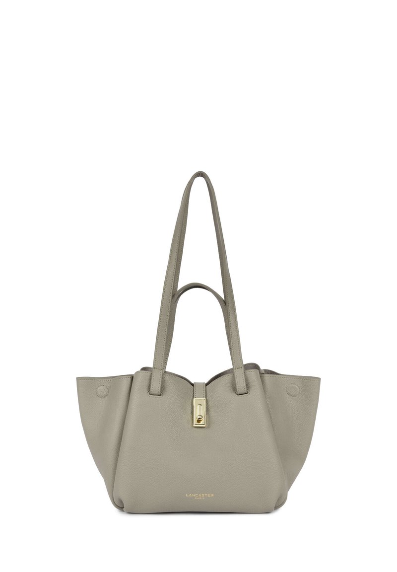 Borsa tote in pelle grigia con due manici a spalla, forma strutturata, chiusura a leva dorata e marchio discreto nella parte inferiore.