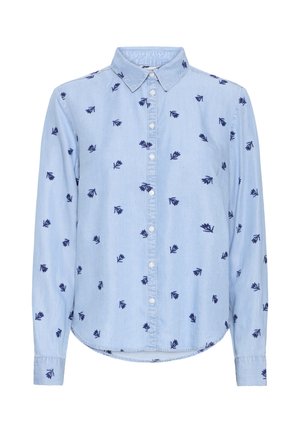 Lichtblauw button-up shirt van denim met marineblauwe bloemenborduring, lange mouwen en een ronde zoom voor een ontspannen pasvorm.
