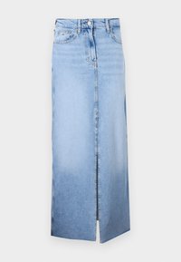 Light blue denim skirt with a straight cut, featuring a front slit, classic five-pocket design, and metal button closure at the waist.