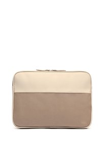 Beige laptopærcase med en glat øverste sektion og en tekstureret brun nederste sektion, med en lynlåslukning øverst for sikker adgang.