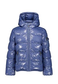 Chaqueta acolchada en material azul brillante, con capucha, cierre frontal con cremallera y dos bolsillos laterales con cremallera. Diseño acolchado en toda la prenda con puños elásticos.