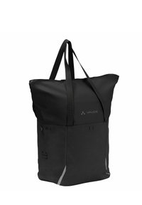 Schwarze Tragetasche mit zwei Schulterriemen, aus strapazierfähigem Material, hat eine glatte Textur, ein Logo und reflektierende Akzente an den Seiten.