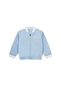 Veste bombardier bleu clair avec col et poignets côtelés rayés blancs, ornée d'un patch d'ours sur la poitrine gauche et d'une taille élastique.