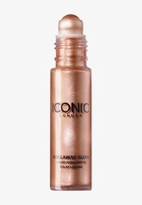 Vloeibare highlighter in een heldere glazen fles, met een metallic roségouden tint, een rollende applicator en een schitterende textuur.