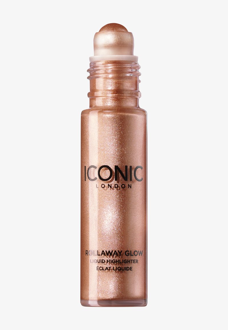 Vloeibare highlighter in een heldere glazen fles, met een metallic roségouden tint, een rollende applicator en een schitterende textuur.