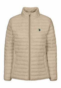 Beidzis pūkains jakas ar augstu apkakli, horizontāli kvadrātiem, pilnu priekšējo jaku ar rāvējslēdzēju un mazu tumši zilu logo kreisajā krūtī.