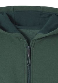 Grüne Zip-Hoodie mit einem fleecegefütterten Innenfutter, das eine glatte Textur, einen verstellbaren Reißverschluss und eine doppellagige Kapuze bietet.