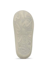 Bílá gumová podrážka boty s texturovaným povrchem, obsahující vzor kruhového loga a číslo "20" vyražené na boku.