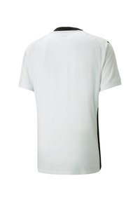 Wit sportshirt met korte mouwen, zwarte accenten aan de zijkanten en op de kraag, gladde textuur en een ronde hals.