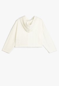 Sudadera blanca recortada hecha de tela acanalada, con capucha y mangas largas, de textura suave y con sutiles líneas verticales.