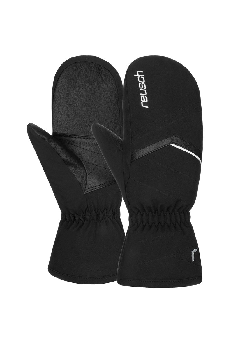 Schwarze Handschuhe aus synthetischen Materialien, mit einem eleganten Design, elastischen Bündchen und kontrastierenden Schwarz-Weiß-Akzenten.