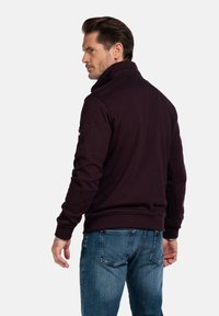 Bordeauxkleurige zip-up sweatshirt met hoge kraag, geribbelde manchetten en tailleband. Gepaard met blauwe denim jeans, zichtbare ontwerpdetails aan de achterkant.