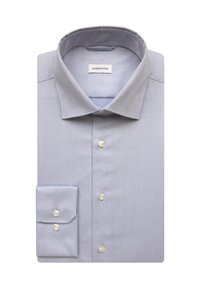 Light blue long-sleeve dress shirt with a spread collar, buttoned front, and single-button rounded cuffs, neatly folded.