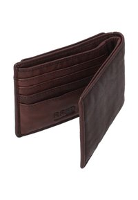Brown leather bifold wallet with multiple card slots, partially open, showing smooth texture and embossed logo on the inside.