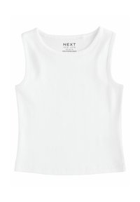 Weißes geripptes Tanktop mit rundem Halsausschnitt und ohne Ärmel. Glatte Textur, normale Passform und dezente Nähdetails am Saum.