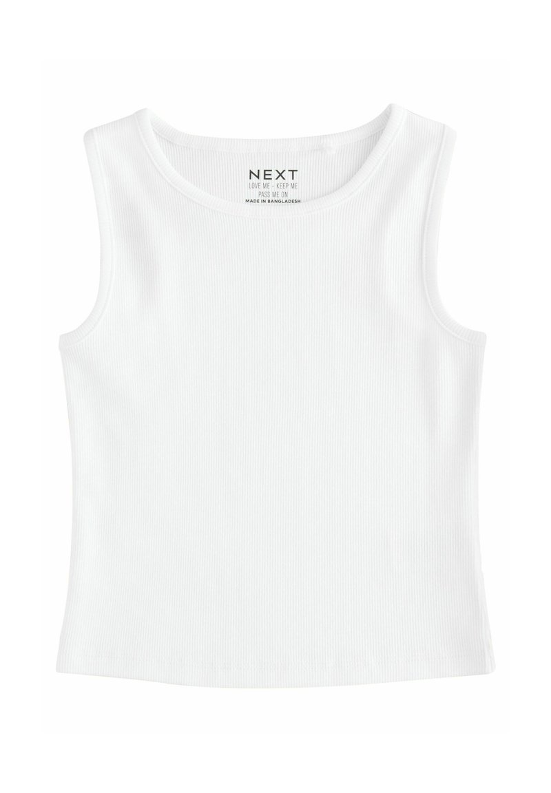 Weißes geripptes Tanktop mit rundem Halsausschnitt und ohne Ärmel. Glatte Textur, normale Passform und dezente Nähdetails am Saum.