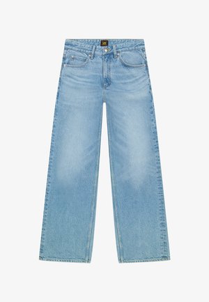 Lichtblauwe, wijde spijkerbroek van denim. Beschikt over een klassieke vijf-pocket stijl en een subtiele vervaagde textuur. Knoop- en ritsluiting.