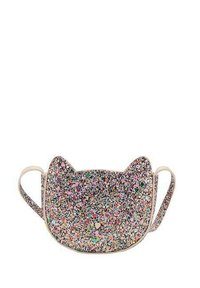Posetă tip crossbody în formă de pisică, realizată din material sclipitor și colorat, cu corp rotunjit, două urechi și o singură curea de umăr.