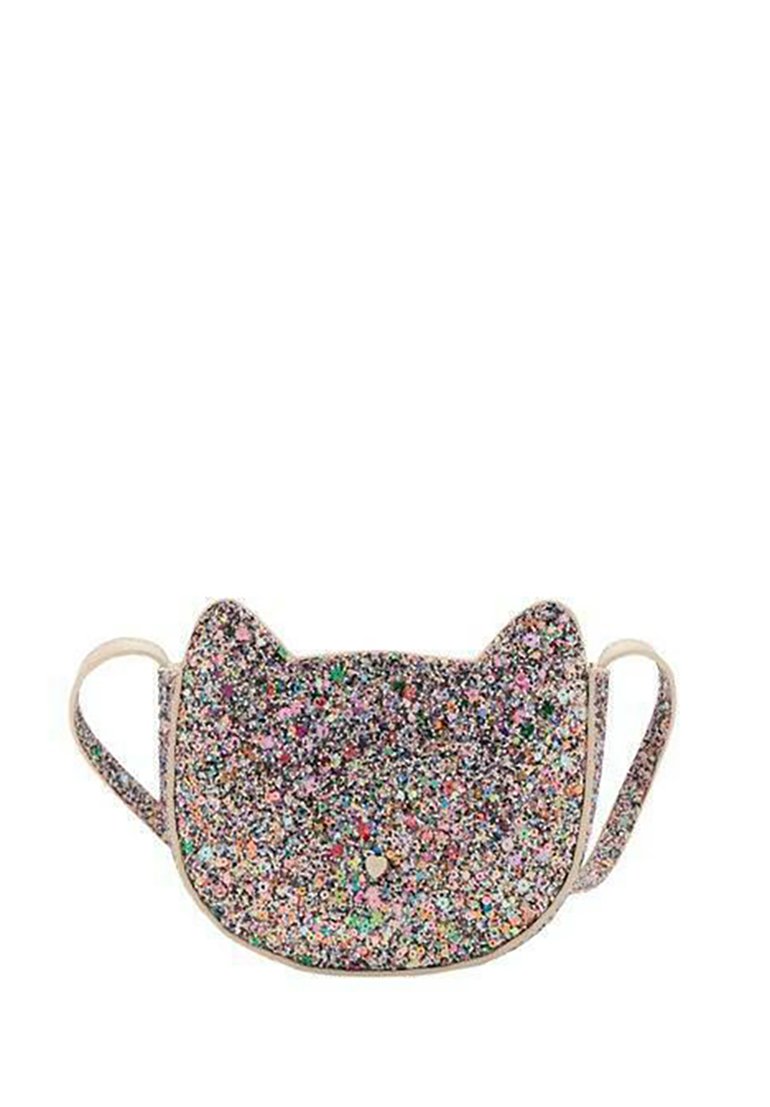 Posetă tip crossbody în formă de pisică, realizată din material sclipitor și colorat, cu corp rotunjit, două urechi și o singură curea de umăr.
